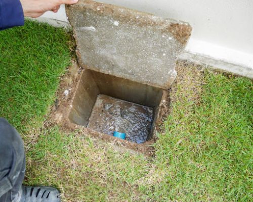 Worker hand open sewer cover of new house Worker hand open sewer cover of new house